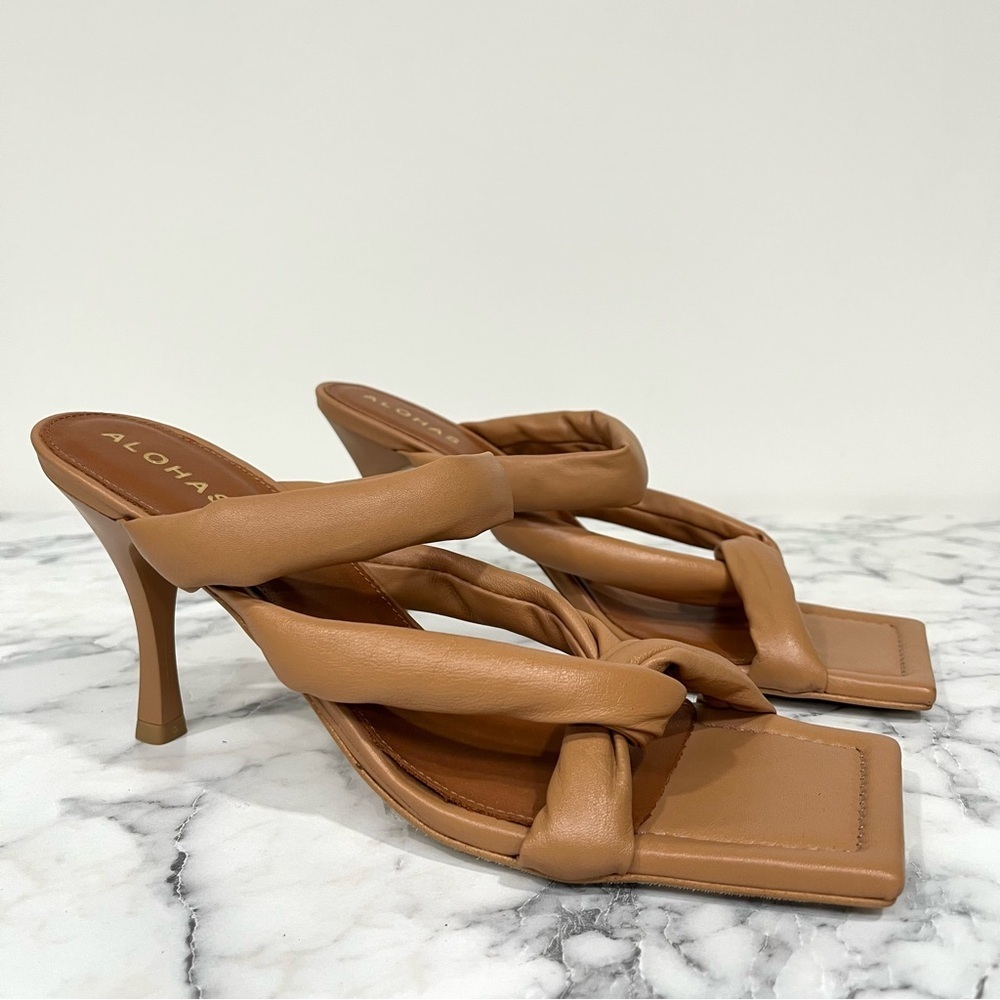 ALOHAS Amaretto mules twist strap leather heels sandals in camel brown size 10 - Picture 6 of 16